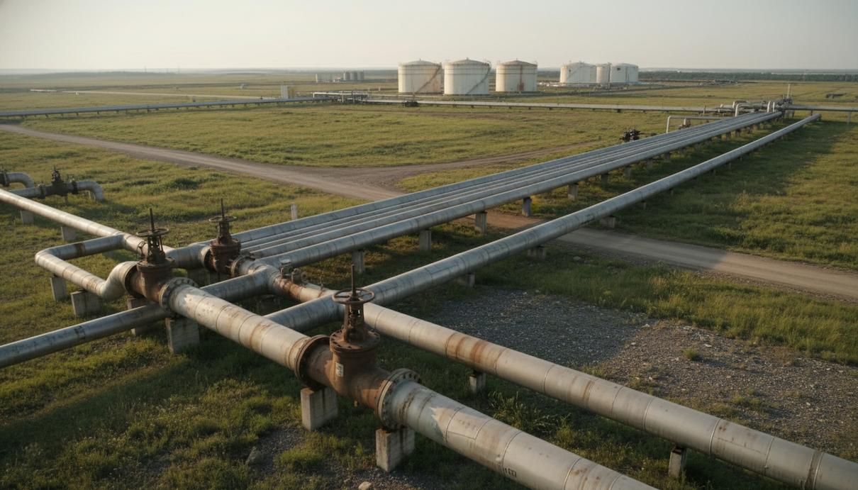 Промышленные трубы и запорная арматура авиационного топливопровода на фоне ландшафта
