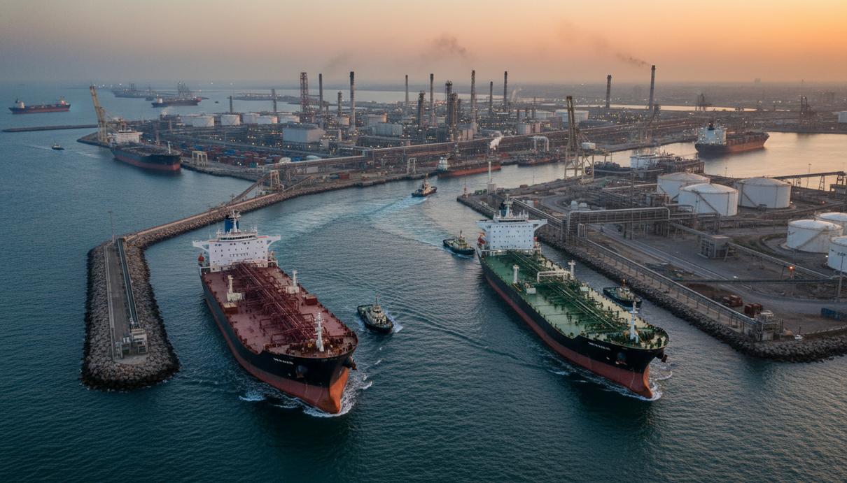 Грузовые суда и нефтяные танкеры в узком морском проливе на фоне береговых промышленных объектов.