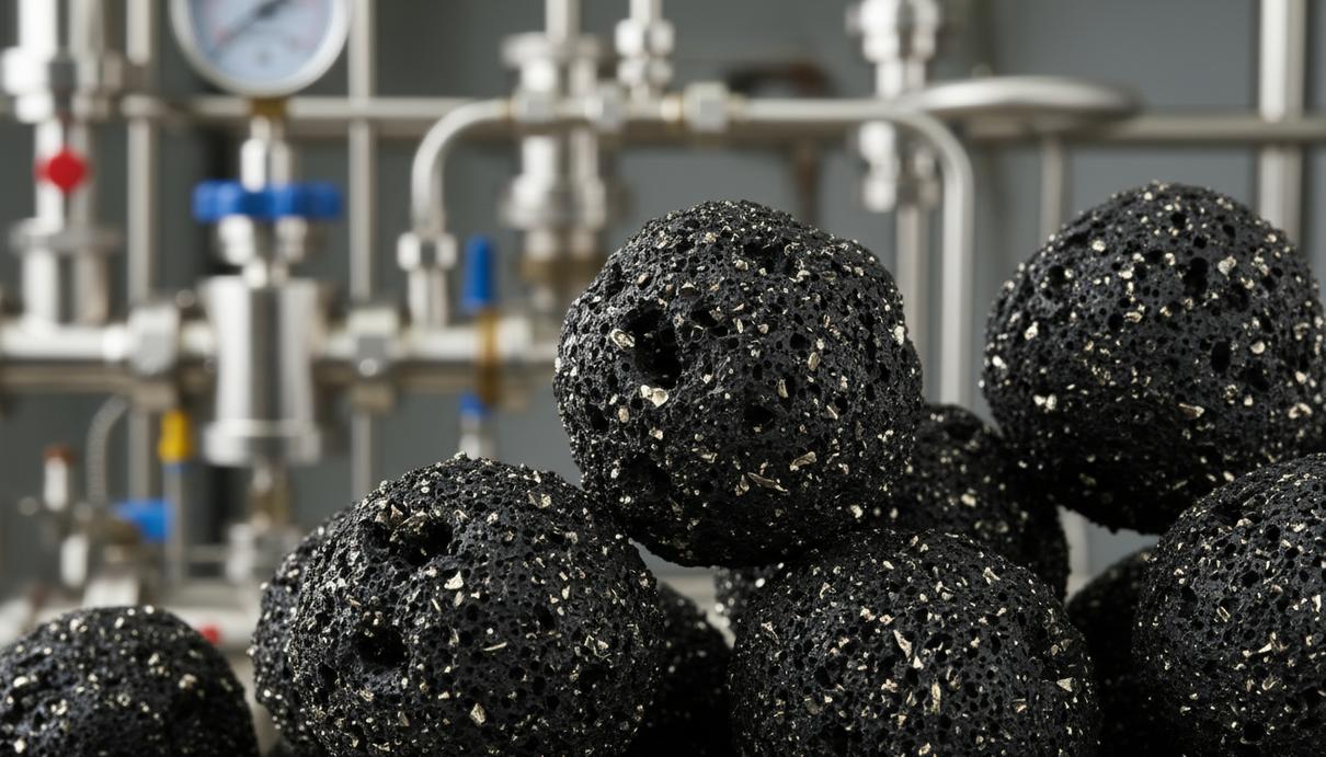 Темные пористые гранулы биоугля с металлическими вкраплениями в промышленной лаборатории