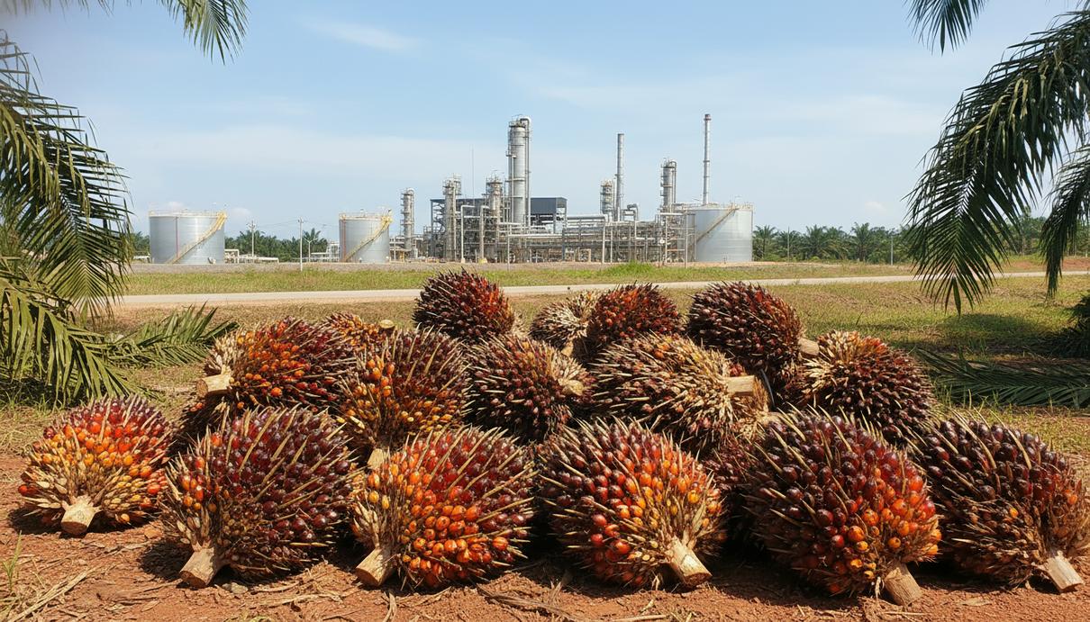 Свежие плоды масличной пальмы на фоне промышленных резервуаров завода по производству биотоплива