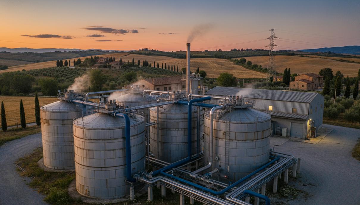 Биометановый завод с промышленными резервуарами и системой труб на фоне итальянского сельского пейзажа