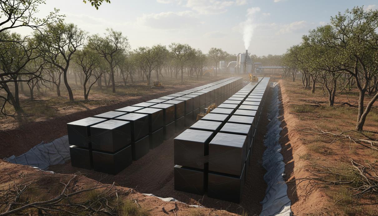 Ряды спрессованных блоков из биомассы в защитной пленке на территории промышленного хранилища в лесу