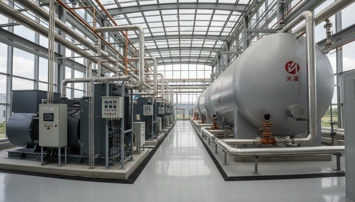 Резервные генераторы и промышленные баки для топлива на территории современного дата-центра.