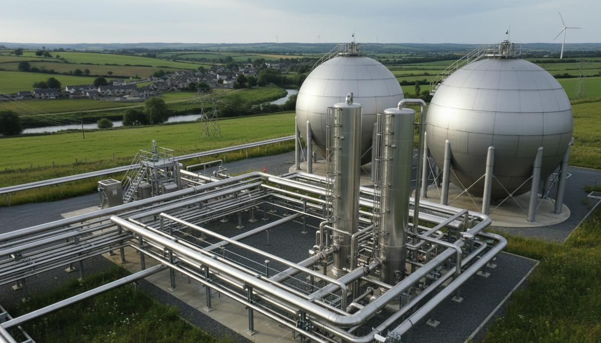 Промышленная установка по очистке биогаза с металлическими трубами и резервуарами на фоне поля