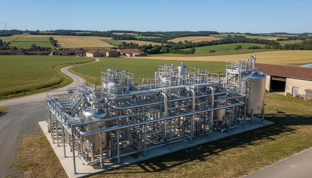 Промышленная установка для сжижения биогаза с металлическими баками и трубами на ферме в Бретани