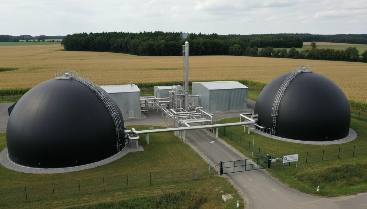 Промышленный биогазовый комплекс со сферическими резервуарами и трубопроводами на открытом воздухе