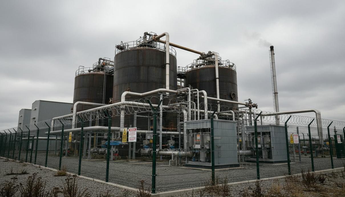 Промышленные резервуары и сложная система труб на биогазовой станции за сетчатым металлическим забором.
