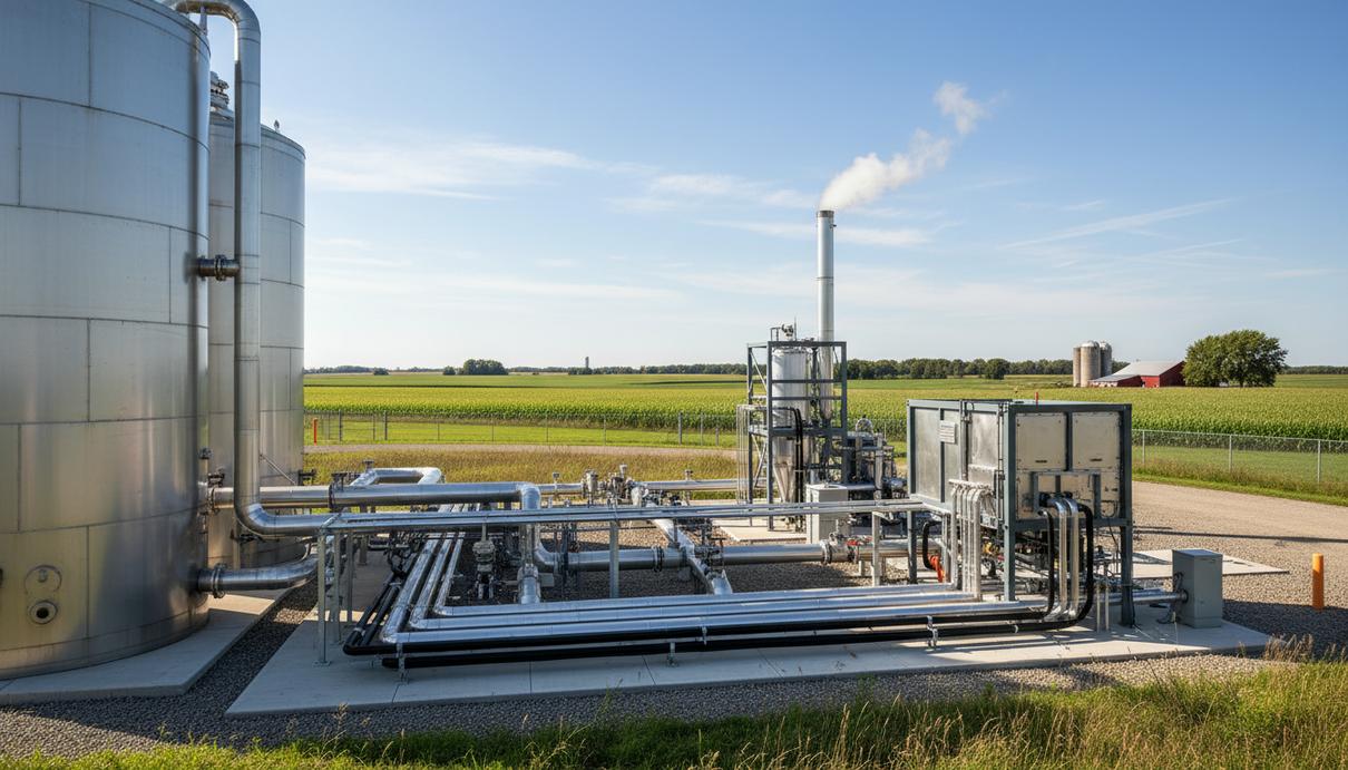 Промышленный комплекс по производству биогаза со стальными резервуарами и системой труб на открытом воздухе