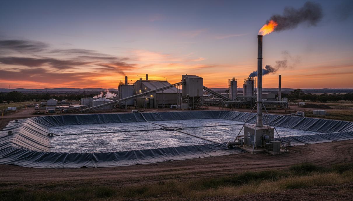 Промышленная лагуна для переработки биоотходов и газовая факельная установка на фоне австралийских пастбищ