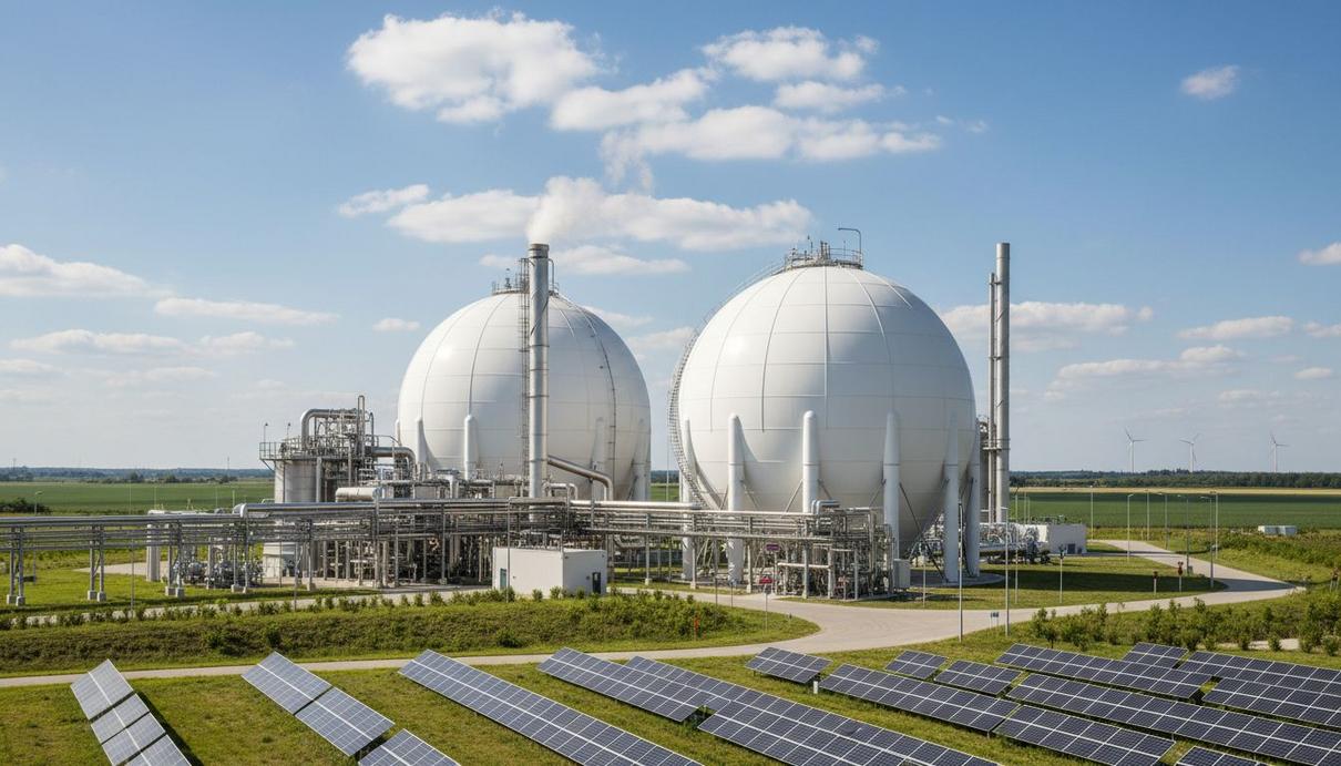 Современный биометановый завод с промышленными сферическими резервуарами и системой трубопроводов
