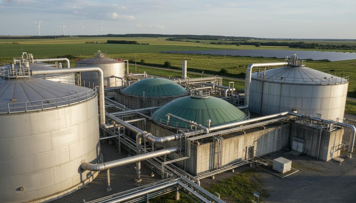 Промышленная площадка по производству биогаза с металлическими резервуарами и сетью трубопроводов