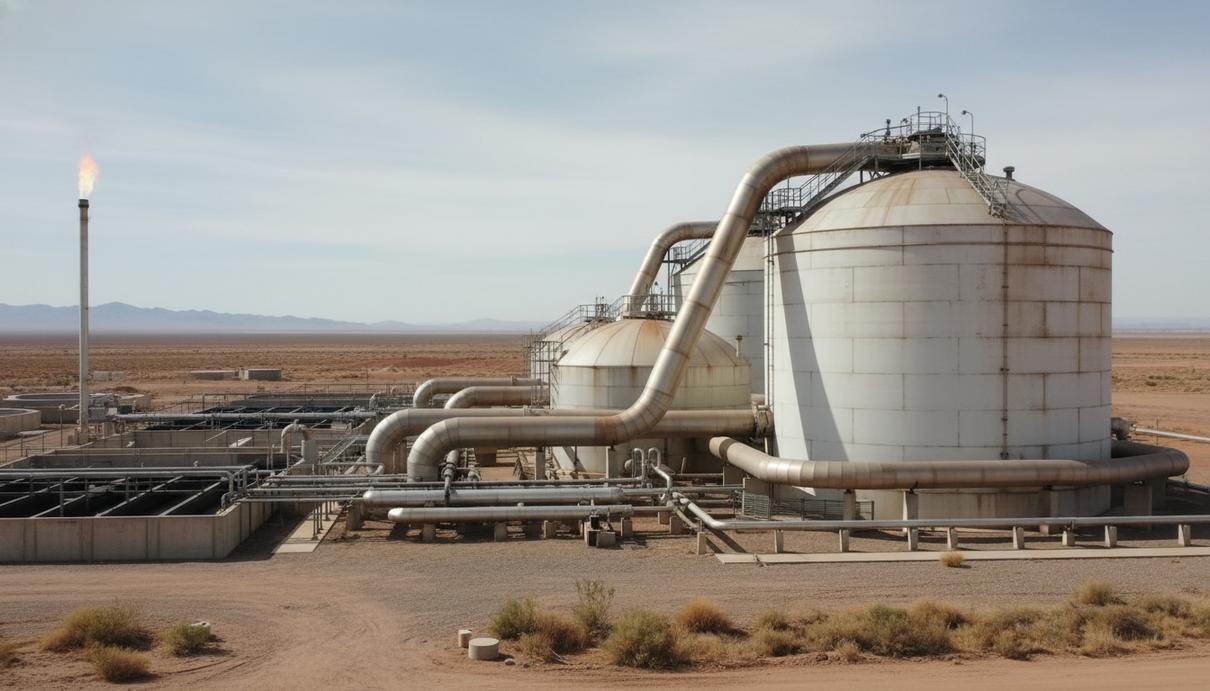 Технологические резервуары и трубопроводы биогазовой установки на очистной станции в Новом Каире.