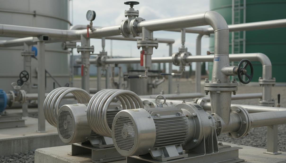 Промышленные насосы, винтовые сепараторы и стальные трубы на биогазовой станции