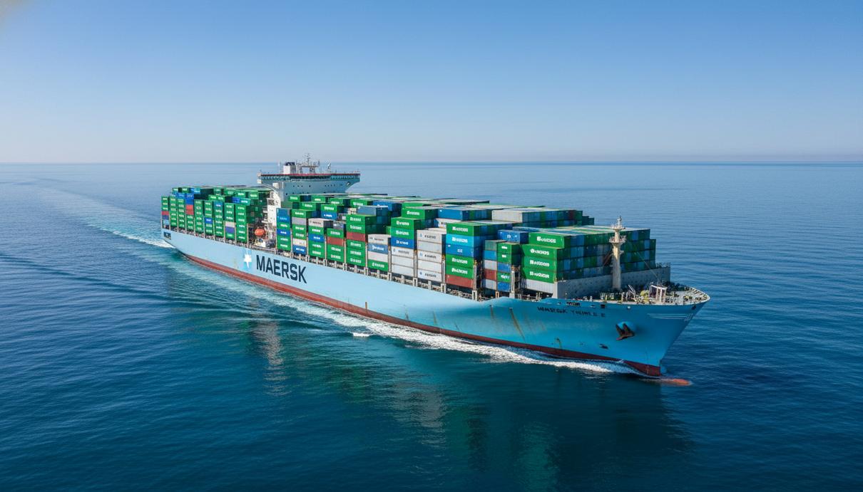 Современный крупный контейнеровоз Maersk идет по спокойной воде океана под ясным небом