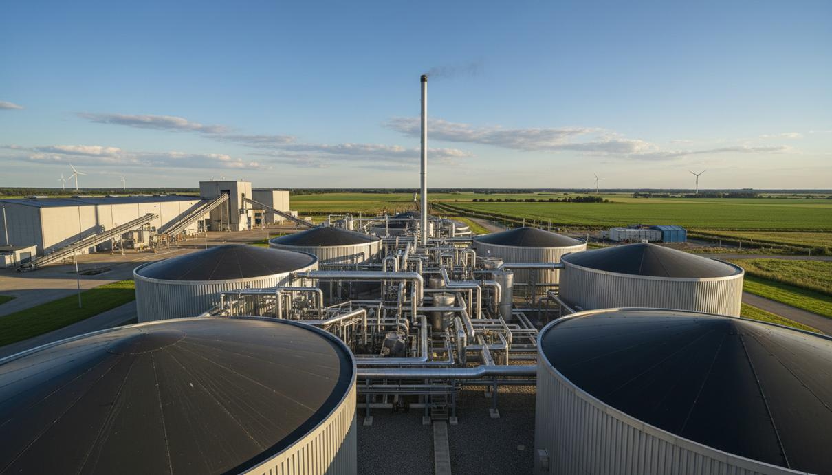 Современные металлические резервуары и трубы биогазовой установки на фоне неба