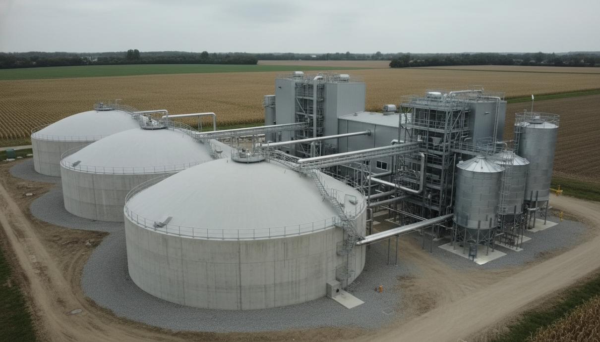 Современный завод по производству биогаза с резервуарами и трубами на фоне полей в Европе