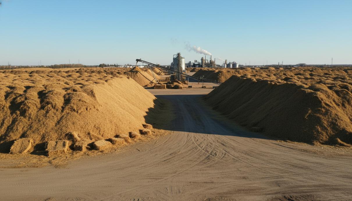Кучи сухой пшеничной соломы и кукурузных стеблей на фоне промышленного биоэнергетического предприятия