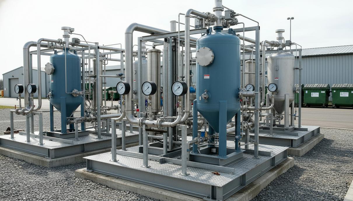 Технологическая установка очистки газа с металлическими трубами и фильтрами на территории промышленного объекта.