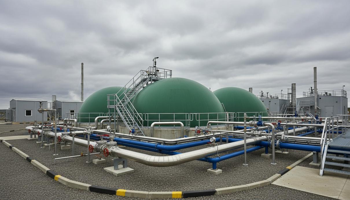 Современная биогазовая станция с купольными резервуарами и системой стальных труб под облачным небом