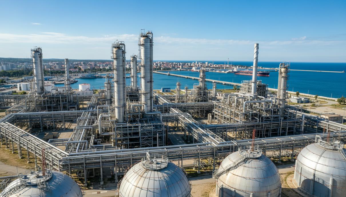 Промышленные установки, металлические трубопроводы и резервуары нефтеперерабатывающего завода в Хорватии