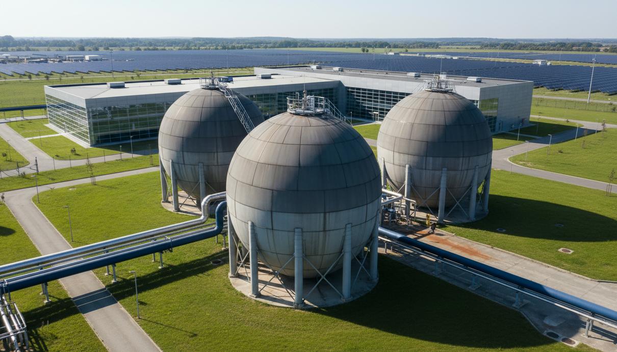 Промышленные резервуары биогазовой установки с системой труб на территории современного предприятия
