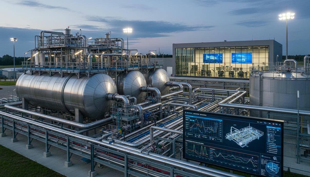 Крупные резервуары биогазовой станции и сеть стальных труб на фоне промышленного комплекса