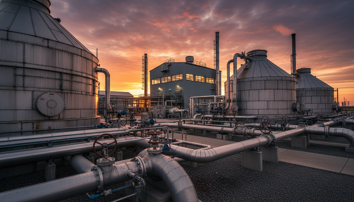 Промышленная площадка по производству биогаза с крупными металлическими резервуарами и трубопроводами.