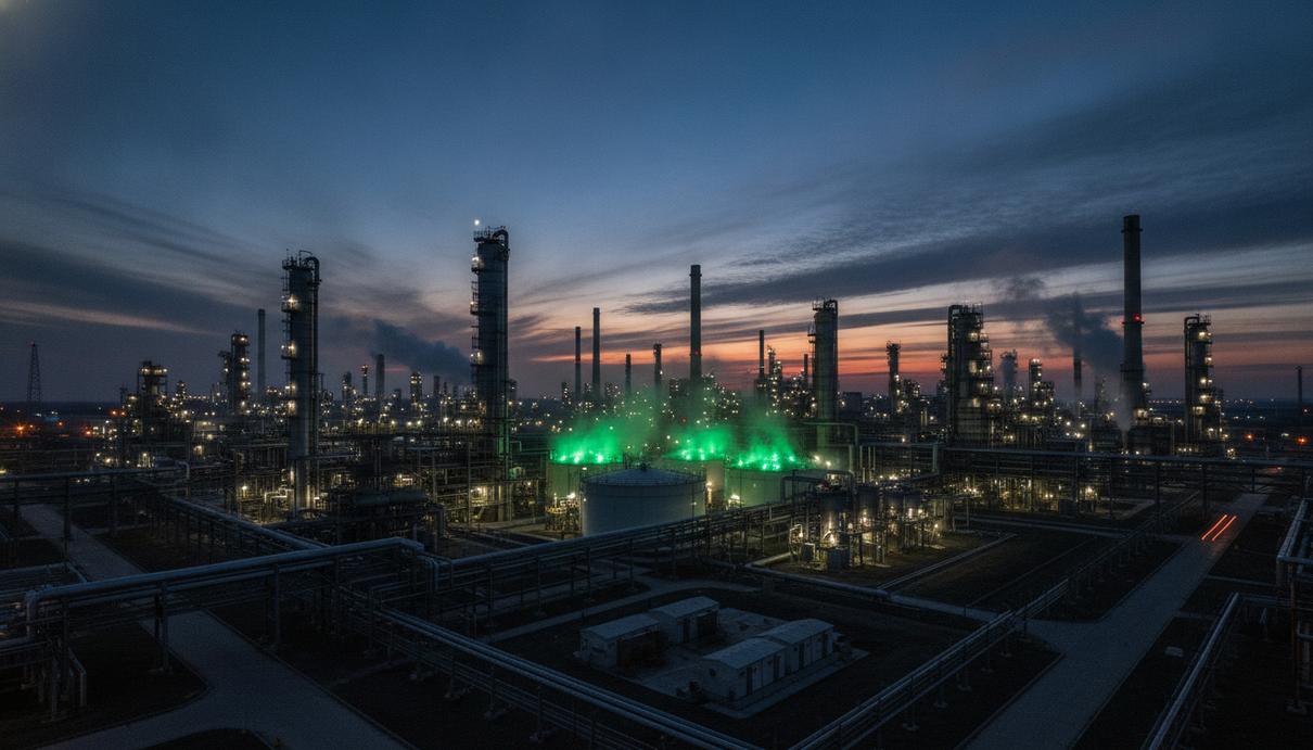 Промышленный комплекс нефтеперерабатывающего завода с трубами и ректификационными колоннами на фоне вечернего неба.
