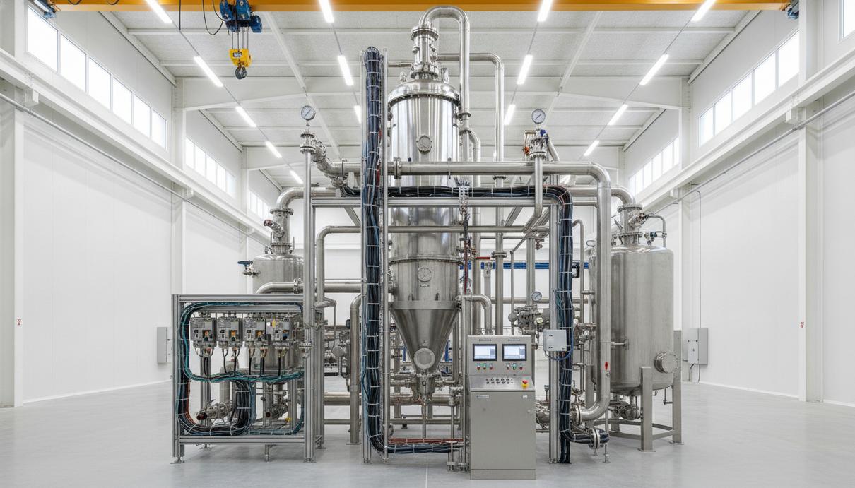 Промышленная установка плазменной газификации в цехе пилотного завода. Оборудование из нержавеющей стали с трубами и датчиками.