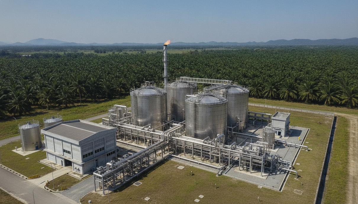 Завод по производству биогаза с промышленными резервуарами и трубопроводами на фоне плантации масличных пальм в Малайзии.