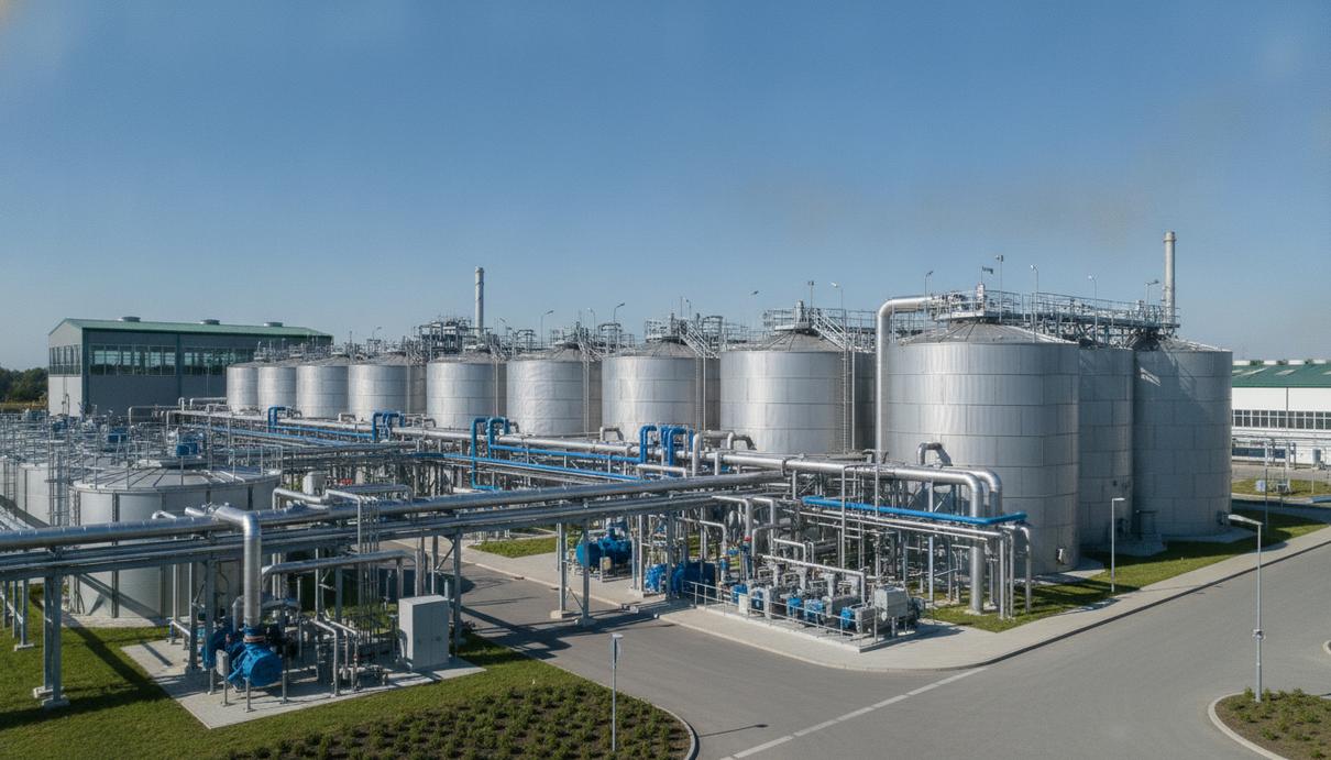 Промышленный комплекс по производству биогаза: крупные резервуары-реакторы и система трубопроводов на открытой площадке.