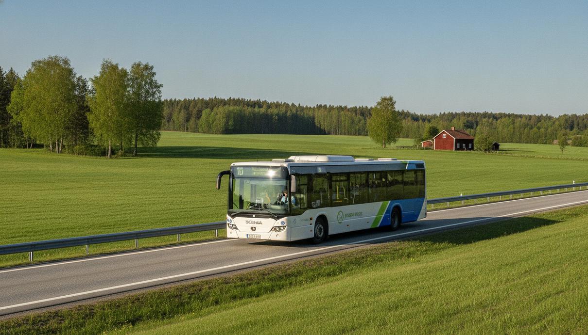 Современный междугородний автобус Scania Irizar i4 на биогазе едет по трассе на фоне шведского сельского пейзажа.