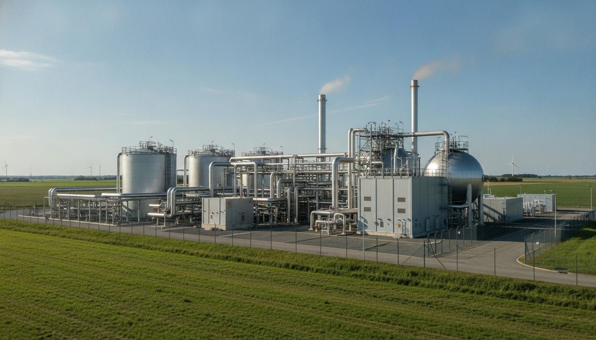 Промышленный комплекс биогазовой станции с большими серебристыми резервуарами и трубопроводами для улавливания углекислого газа.