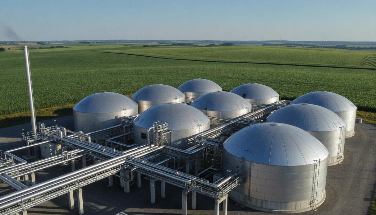 Современная биогазовая станция с анаэробными реакторами и трубопроводами в окружении сельскохозяйственных полей.