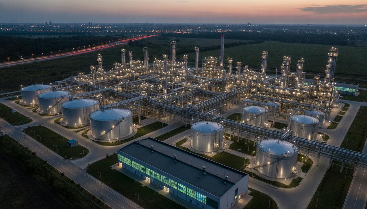 Современный нефтеперерабатывающий завод по производству биотоплива с резервуарами и промышленными установками, вид сверху.