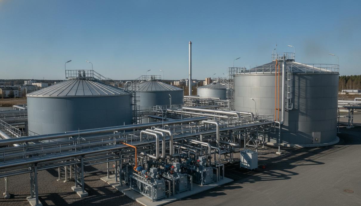 Современный биогазовый завод с большими цилиндрическими реакторами-метантенками и промышленными трубопроводами.