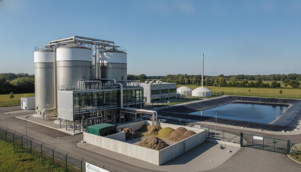 Современная биогазовая установка с большими реакторами-метантенками и промышленными трубопроводами под ясным небом.
