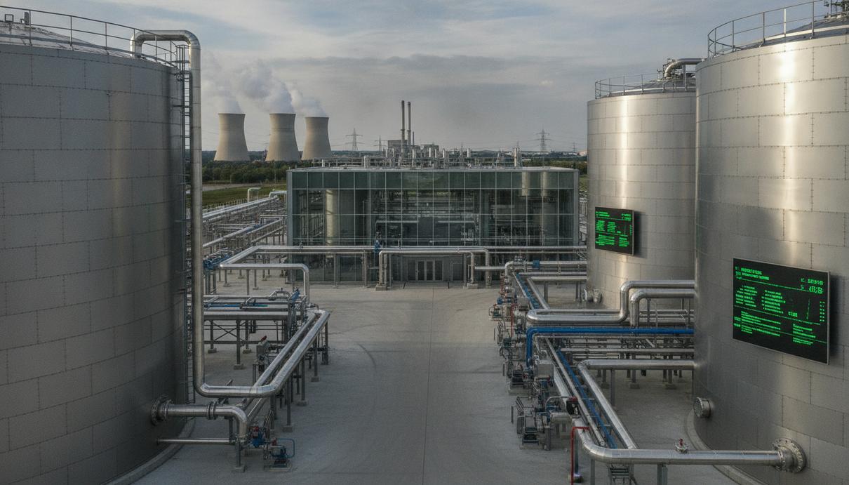 Современная биогазовая установка с резервуарами-ферментерами из нержавеющей стали и сетью трубопроводов на промышленной площадке.