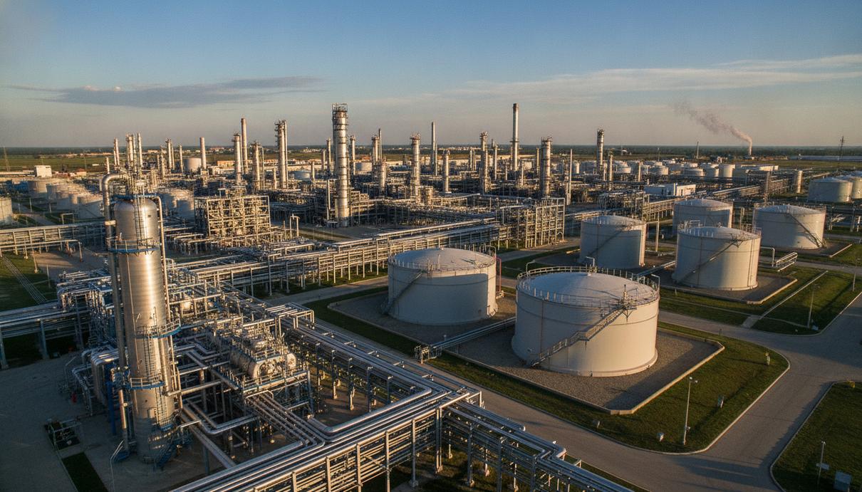 Крупный современный нефтеперерабатывающий завод с сетью трубопроводов, ректификационными колоннами и резервуарами.