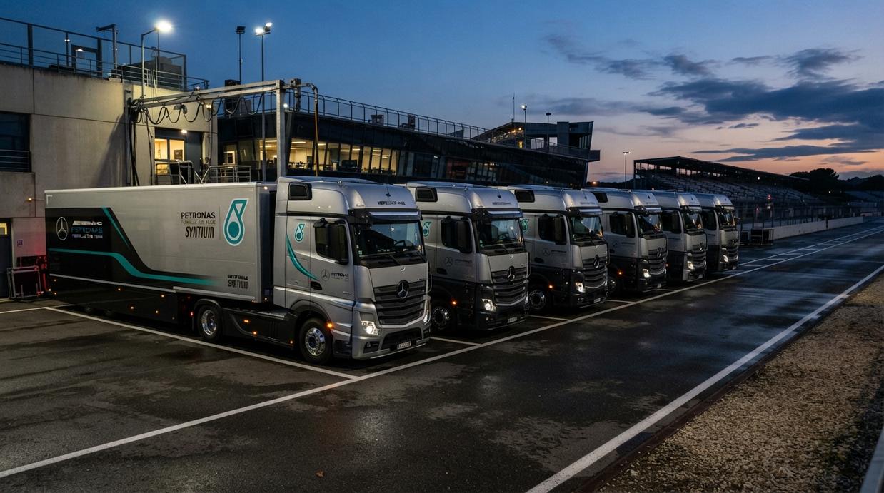 Грузовики гоночной команды Mercedes-AMG Petronas Formula 1 в фирменной ливрее, припаркованные на территории логистического центра.