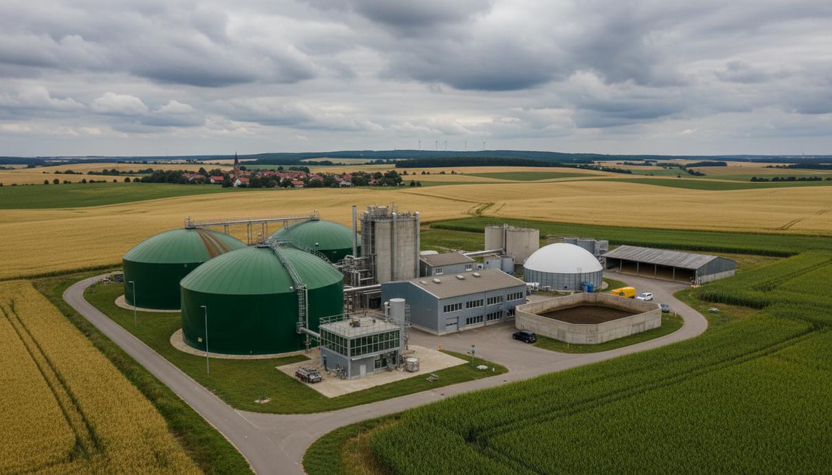Современная биогазовая станция с большими зелеными метантенками и промышленными постройками в сельской местности