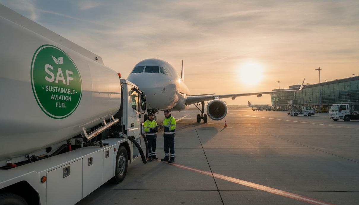 Самолет Wizz Air на взлетной полосе во время заправки экологичным авиатопливом (SAF) из специального топливозаправщика.