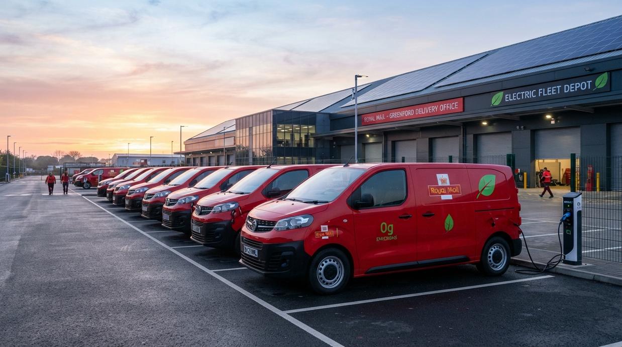 Красные электрические фургоны Royal Mail, припаркованные у современного логистического центра с солнечными панелями на крыше.