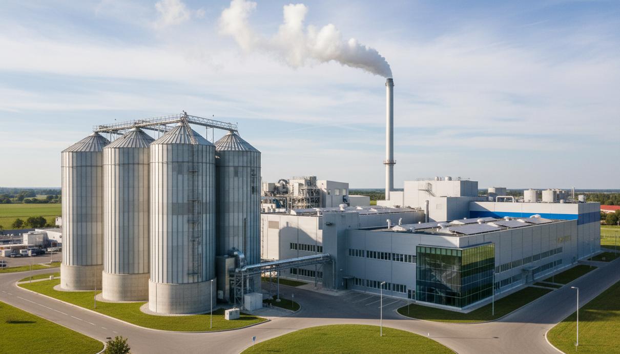 Современная биомассовая котельная на бумажной фабрике, большие силосы для хранения древесной щепы и промышленные корпуса.