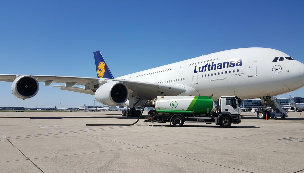 Пассажирский самолет Lufthansa на аэродроме в процессе заправки. Топливный шланг подсоединен к крылу авиалайнера.