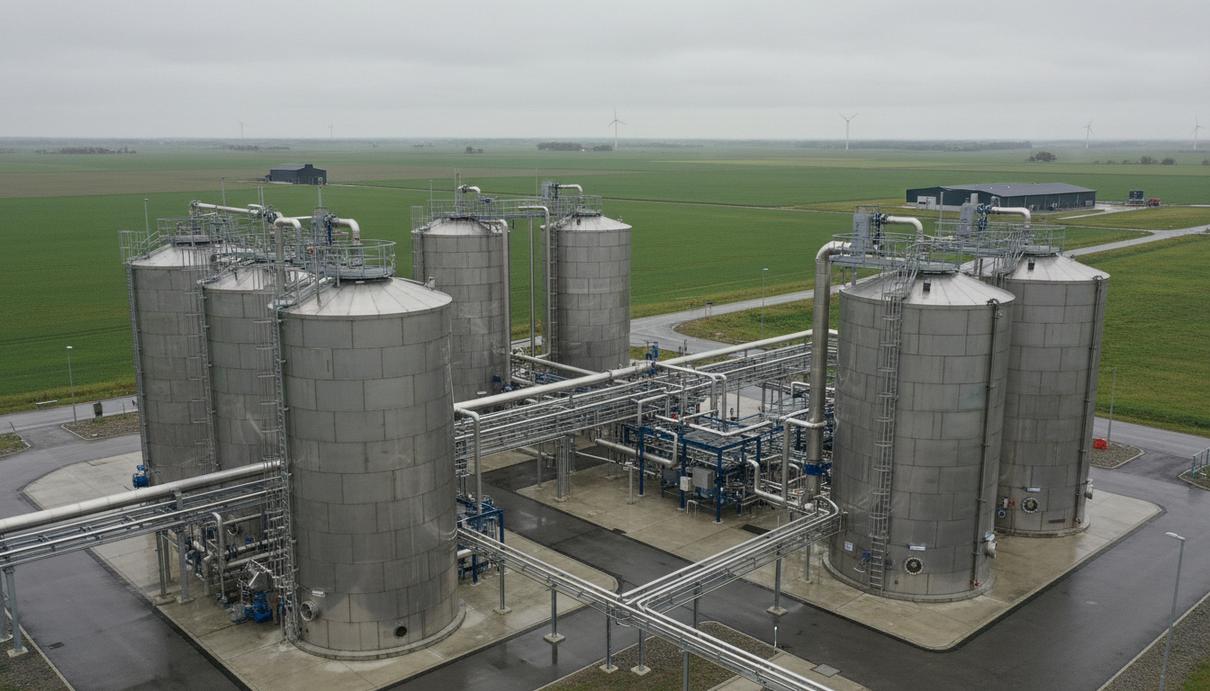 Современный завод по производству биогаза с большими цилиндрическими реакторами и трубопроводами в сельской местности.