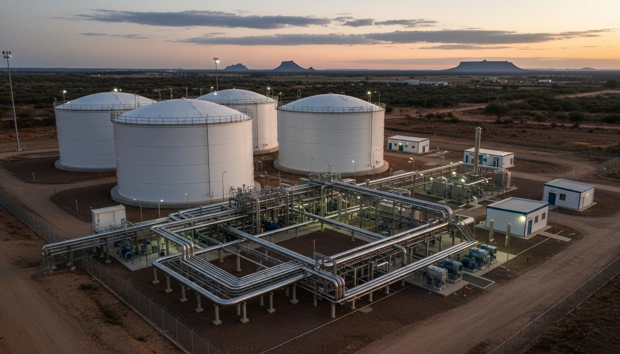 Современный завод по производству биогаза с анаэробными реакторами и трубопроводами на фоне южноафриканского пейзажа.