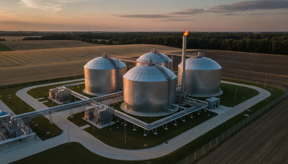 Промышленная биогазовая установка с большими серебристыми резервуарами и трубопроводами на фоне сельскохозяйственных полей.