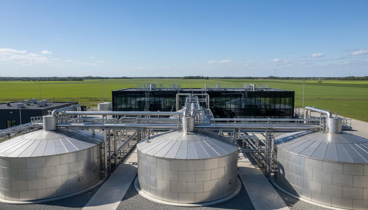 Современный биогазовый завод в Дании: промышленные корпуса, большие серебристые резервуары-метантенки и трубопроводы.