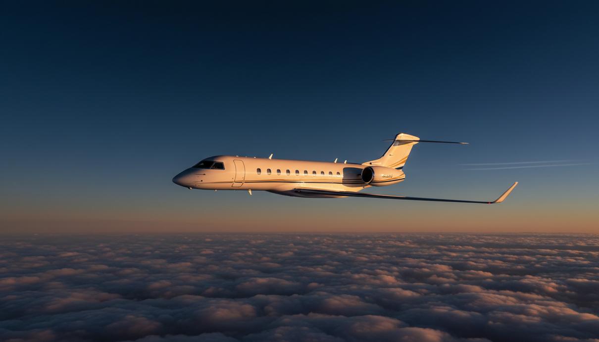 Бизнес-джет Gulfstream G800 летит на большой высоте над облаками, оставляя за собой тонкий конденсационный след.